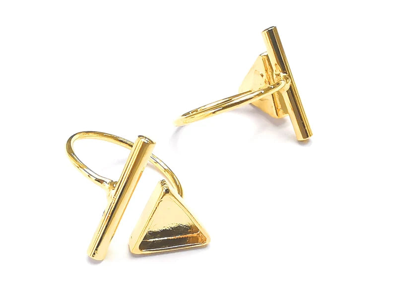 Rod Triangle Shiny Gold Ring Bezels Settings Resin Backs Cabochon Mounting Gold Plated Brass Adjustable Ring Base (10mm blank) G27335