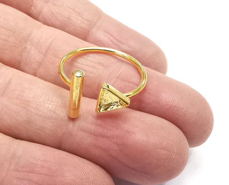 Rod Triangle Shiny Gold Ring Bezels Settings Resin Backs Cabochon Mounting Gold Plated Brass Adjustable Ring Base (6mm blank) G27337