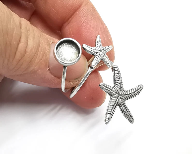 Starfish Blank Silver Ring Setting Cabochon Mounting Adjustable Ring Base Bezel Antique Silver Plated Brass (8 mm) G27511