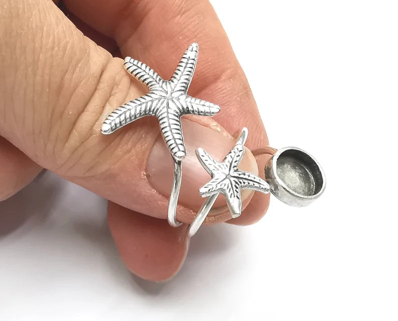 Starfish Blank Silver Ring Setting Cabochon Mounting Adjustable Ring Base Bezel Antique Silver Plated Brass (8 mm) G27511