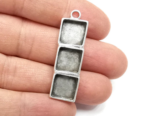 Square Pendant Blank Resin Bezel Mosaic Mountings Cabochon Setting Antique Silver Plated Brass (43x12mm)(10mm Bezels ) G27512