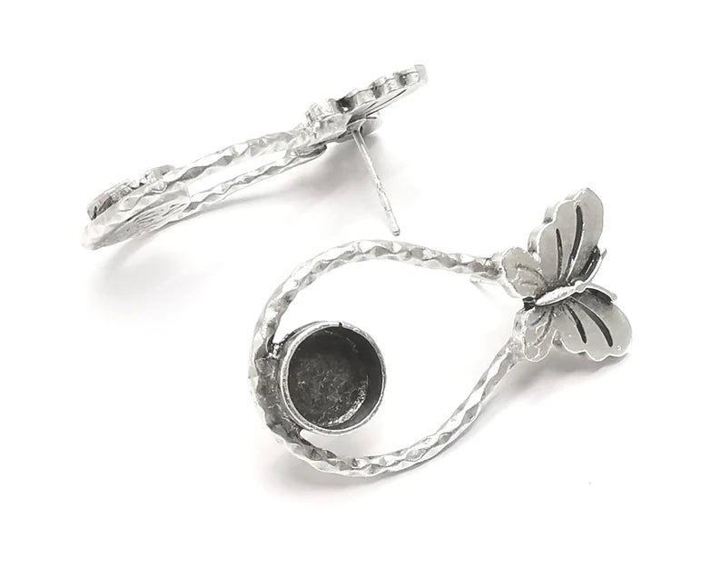Butterfly Drop Earring Blank Base Settings Silver Resin Cabochon Inlay Blank Mountings Antique Silver Plated Brass (8mm blank) 1 Set G27340