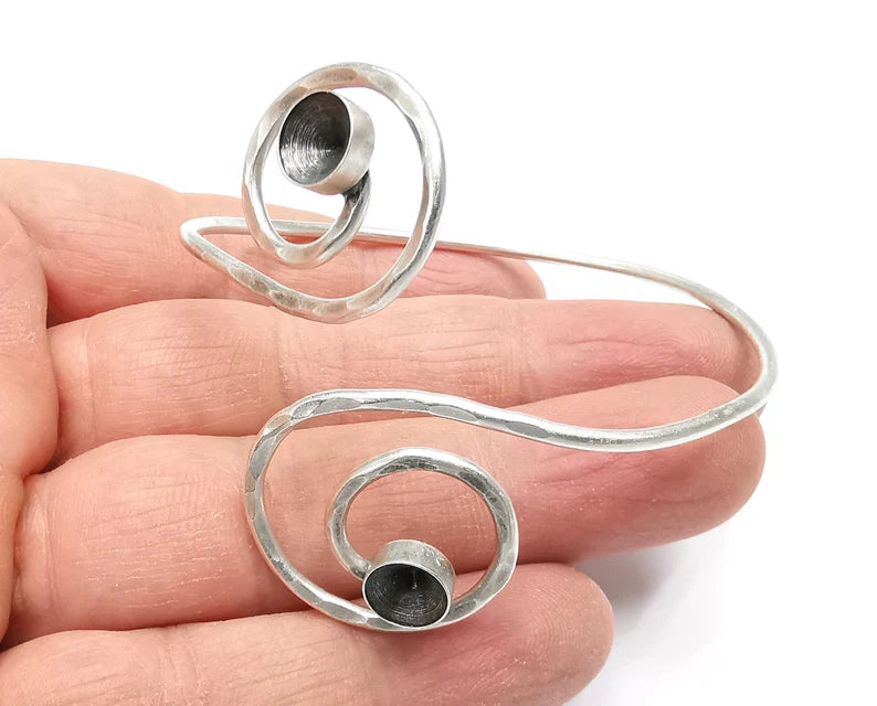 Swirl Wire Bracelet Cuff Cone Blank Bezel Glass Cabochon Base Adjustable Antique Silver Plated Brass (8 mm ) G27341