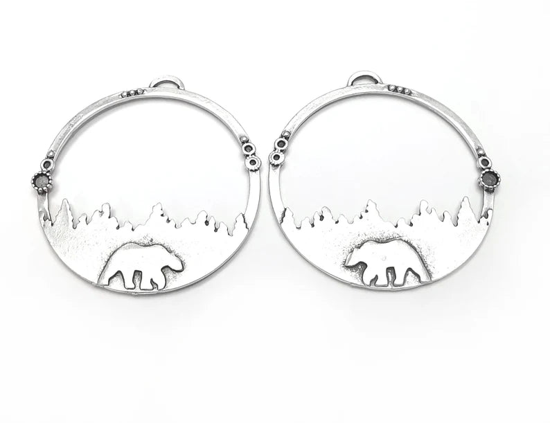 2 Bear Charms Pendant Forest Pine Tree Landscape Charms Antique Silver Plated Charms (left - right set) (53x50mm) G27342