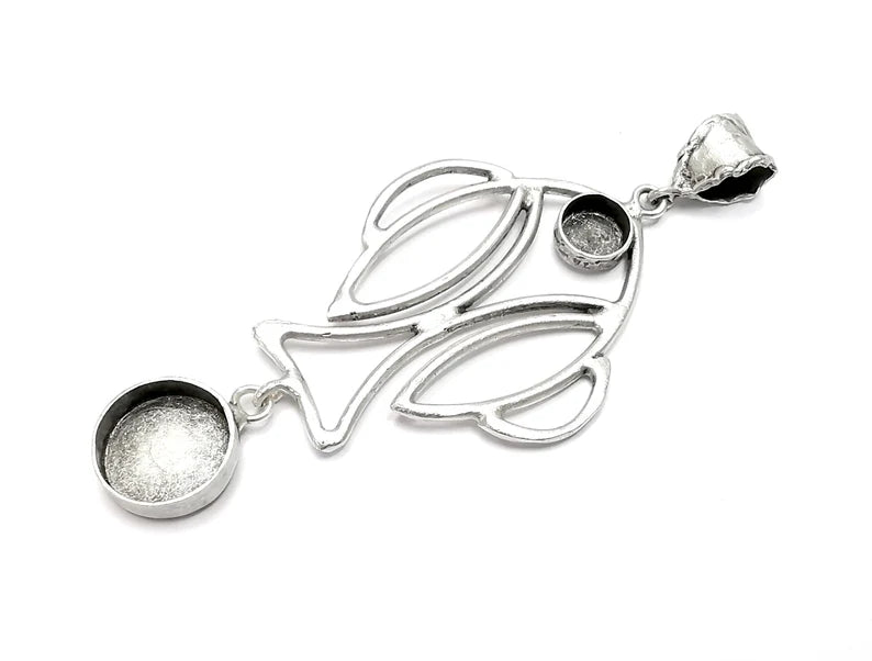 Fish Dangle Pendant Base Setting Bezel Blank Antique Silver Plated Brass Pendant (90x38mm)(14 and 8mm blank) G27343