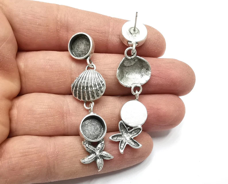 Starfish Scallop Sea Shell Silver Earring Set Base Wire Antique Silver Plated Brass Earring Base (58x15mm)(10 blanks) G27344