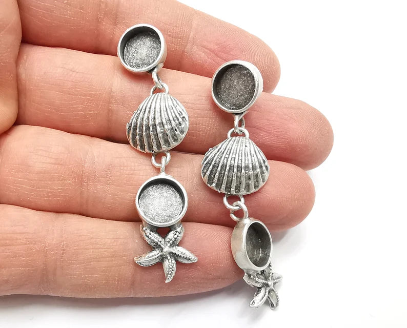 Starfish Scallop Sea Shell Silver Earring Set Base Wire Antique Silver Plated Brass Earring Base (58x15mm)(10 blanks) G27344