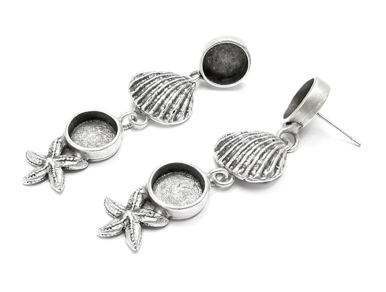 Starfish Scallop Sea Shell Silver Earring Set Base Wire Antique Silver Plated Brass Earring Base (58x15mm)(10 blanks) G27344