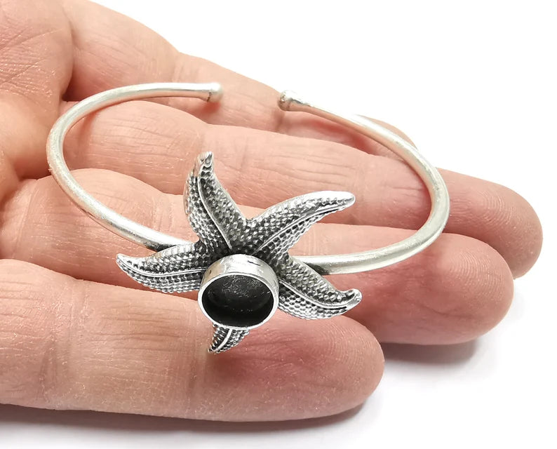 Starfish Silver Bracelet Brass Cuff Blank Bezel Glass Cabochon Base Adjustable Antique Silver Plated Brass (8mm blank) G27421