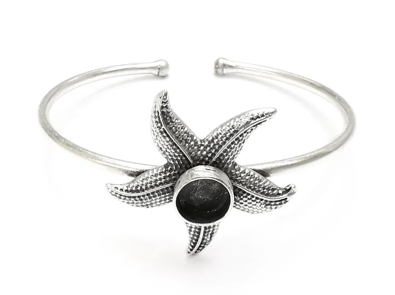Starfish Silver Bracelet Brass Cuff Blank Bezel Glass Cabochon Base Adjustable Antique Silver Plated Brass (8mm blank) G27421