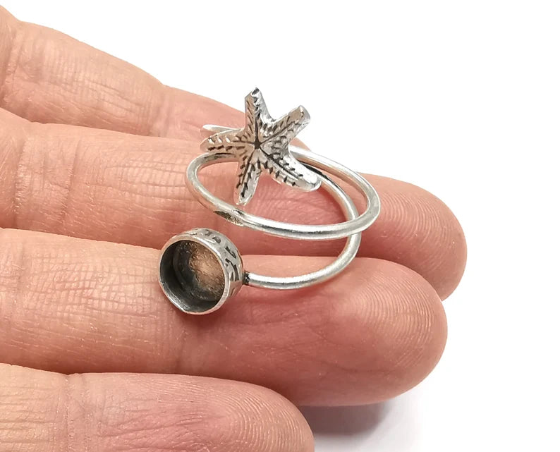 Starfish Wrap Blank Silver Ring Setting Cabochon Mounting Adjustable Ring Base Bezel Antique Silver Plated Brass (8 mm) G27518