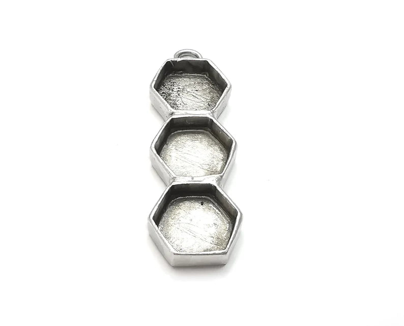 Hexagonal Pendant Blank Resin Bezel Mosaic Mountings Cabochon Setting Antique Silver Plated Brass (40x13mm)(10mm Bezels ) G27519