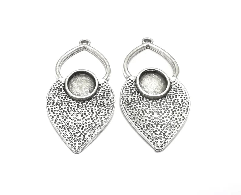 2 Leaf Silver Charm Blank Cabochon Base Antique Silver Plated Charms 45x20mm (10x8mm bezel) G27520
