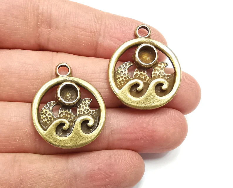 Wave Sea Pendant Blank Resin Bezel Mounting Cabochon Base Setting Antique Bronze Plated Charms (6mm Blank) G27524