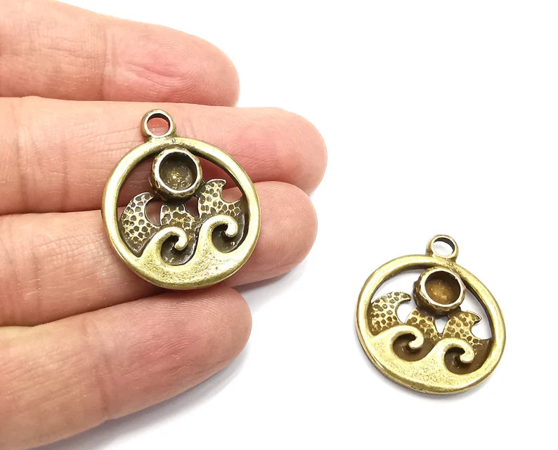 Wave Sea Pendant Blank Resin Bezel Mounting Cabochon Base Setting Antique Bronze Plated Charms (6mm Blank) G27524