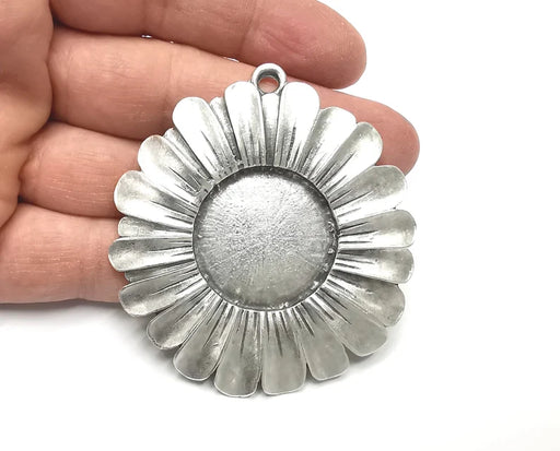 Sunflower Pendant Blank Bezel Mosaic Mountings Cabochon Setting Antique Silver Plated (70x65mm)(30mm Blank) G27347