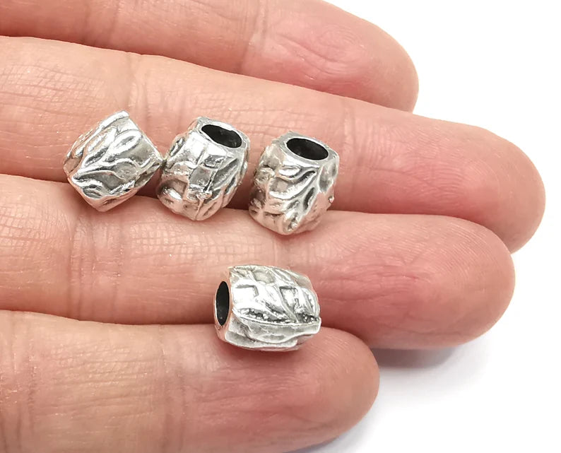 4 Silver Leaf Branch Rondelle Beads Antique Silver Plated Beads (10x10mm) G27359