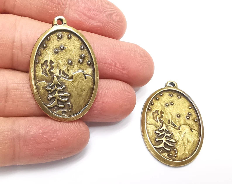 Winter Mountain Landscape Pine Tree Oval Pendant Charms Antique Bronze Plated Charms (38x35mm) G27535
