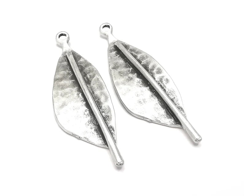 2 Silver Hammered Leaf Charms Antique Silver Plated Charms (60x18mm) G27361