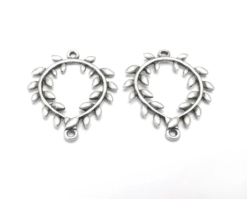 2 Leaf Branch Wreath Charms Connector Antique Silver Plated Charms (35x30mm) G27362