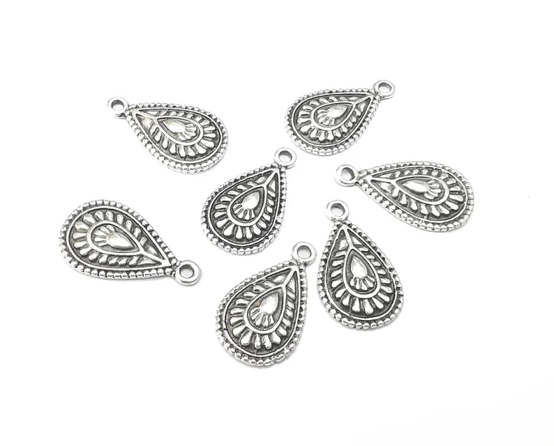 5 Drop Ethnic Silver Charms Antique Silver Plated Charms (25x15mm) G27404