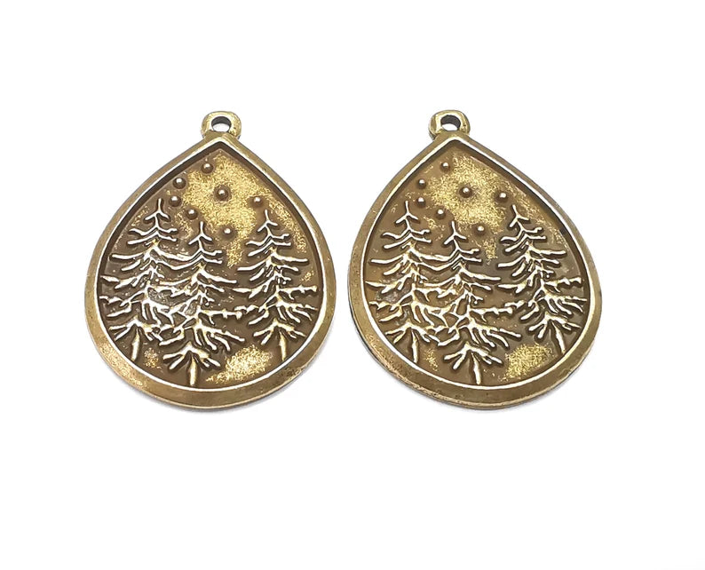 Winter Mountain Landscape Pine Tree Drop Pendant Charms Antique Bronze Plated Charms (38x28mm) G27545