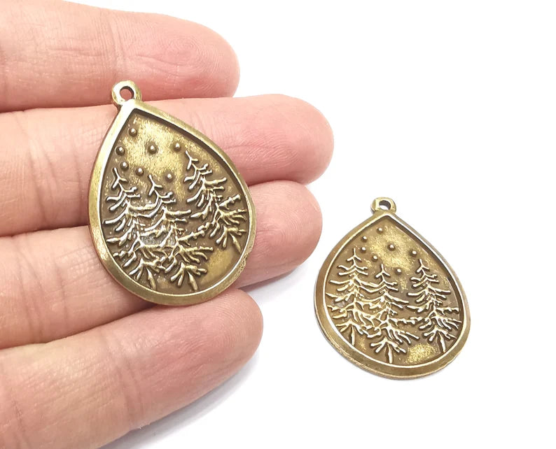 Winter Mountain Landscape Pine Tree Drop Pendant Charms Antique Bronze Plated Charms (38x28mm) G27545