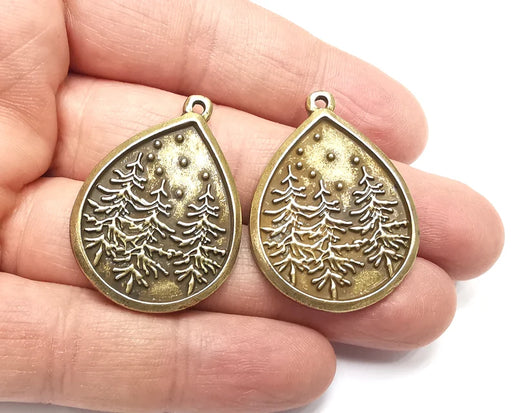 Winter Mountain Landscape Pine Tree Drop Pendant Charms Antique Bronze Plated Charms (38x28mm) G27545