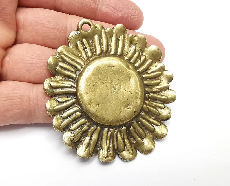 Sunflower Pendant Blank Bezel Mosaic Mountings Cabochon Setting Antique Bronze Plated (70x65mm)(30mm Blank) G27546