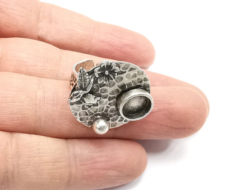 Flower Ball Hammered Disc Blank Silver Ring Setting Cabochon Mounting Adjustable Ring Base Bezel Antique Silver Plated Brass (8mm) G27556