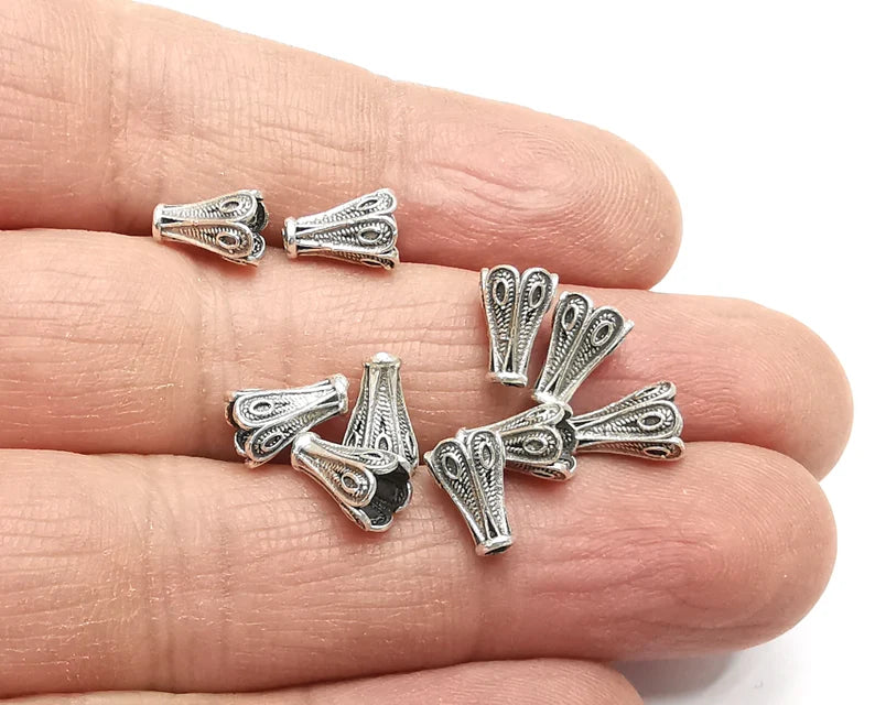 10 Silver Cone Caps Findings Antique Silver Plated Brass Findings (9x6mm) G27397