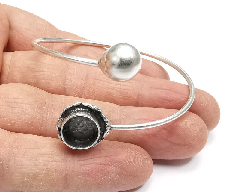 Ball Head Silver Bracelet Brass Cuff Blank Bezel Glass Cabochon Base Adjustable Antique Silver Plated Brass (10 mm blank) G27562