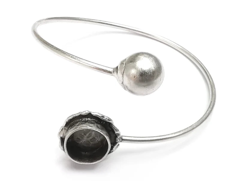 Ball Head Silver Bracelet Brass Cuff Blank Bezel Glass Cabochon Base Adjustable Antique Silver Plated Brass (10 mm blank) G27562