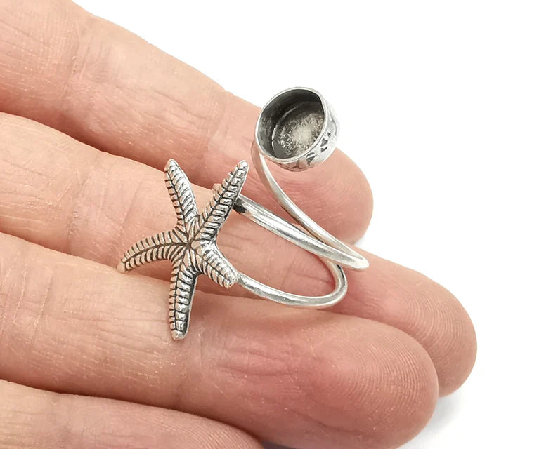 Starfish Wrap Blank Silver Ring Setting Cabochon Mounting Adjustable Ring Base Bezel Antique Silver Plated Brass (8 mm) G27565