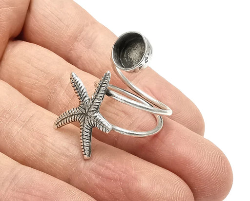 Starfish Wrap Blank Silver Ring Setting Cabochon Mounting Adjustable Ring Base Bezel Antique Silver Plated Brass (8 mm) G27565