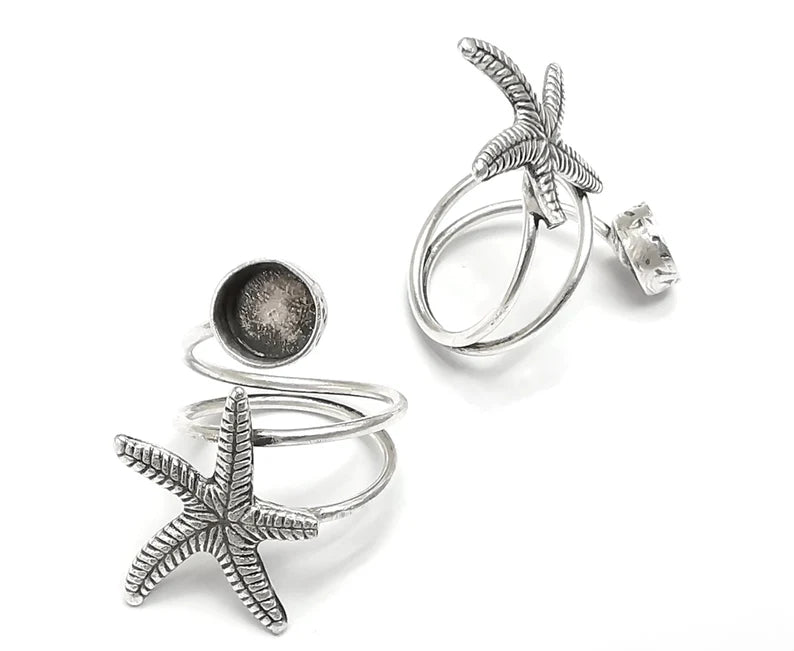 Starfish Wrap Blank Silver Ring Setting Cabochon Mounting Adjustable Ring Base Bezel Antique Silver Plated Brass (8 mm) G27565