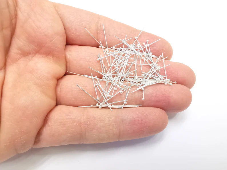 10 Solid Sterling Silver Ball Head Pins 0.8'', 24ga (0.8 inch - 20mm) (Thickness 0.5mm - 24 Gauge) 10 Pcs 925 Silver Ball Head pin G30087