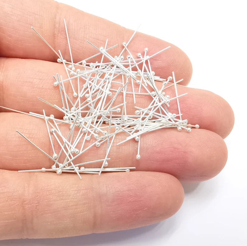 10 Solid Sterling Silver Ball Head Pins 0.8'', 24ga (0.8 inch - 20mm) (Thickness 0.5mm - 24 Gauge) 10 Pcs 925 Silver Ball Head pin G30087