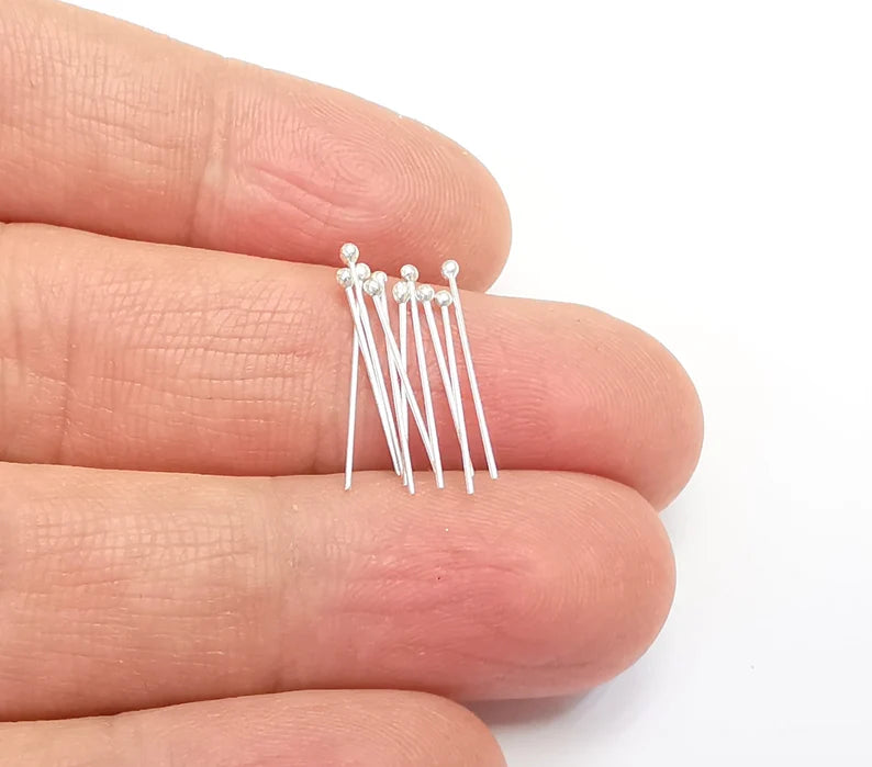 10 Solid Sterling Silver Ball Head Pins 0.8'', 24ga (0.8 inch - 20mm) (Thickness 0.5mm - 24 Gauge) 10 Pcs 925 Silver Ball Head pin G30087