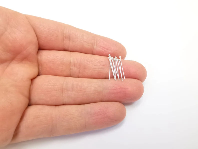 10 Solid Sterling Silver Ball Head Pins 0.8'', 24ga (0.8 inch - 20mm) (Thickness 0.5mm - 24 Gauge) 10 Pcs 925 Silver Ball Head pin G30087