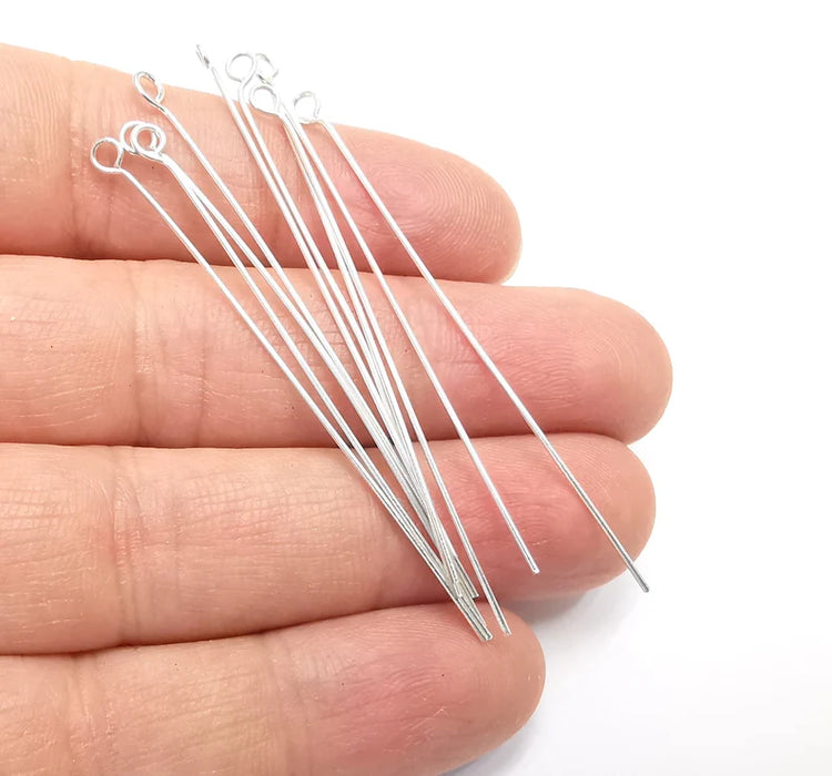 5 Sterling Silver Loop Head Pins, 2.5'', 21ga Long Pin (Length 2.5 inch- 62mm) (Thickness 0,7mm - 21 Gauge) 925 Silver Eye Pins G30040