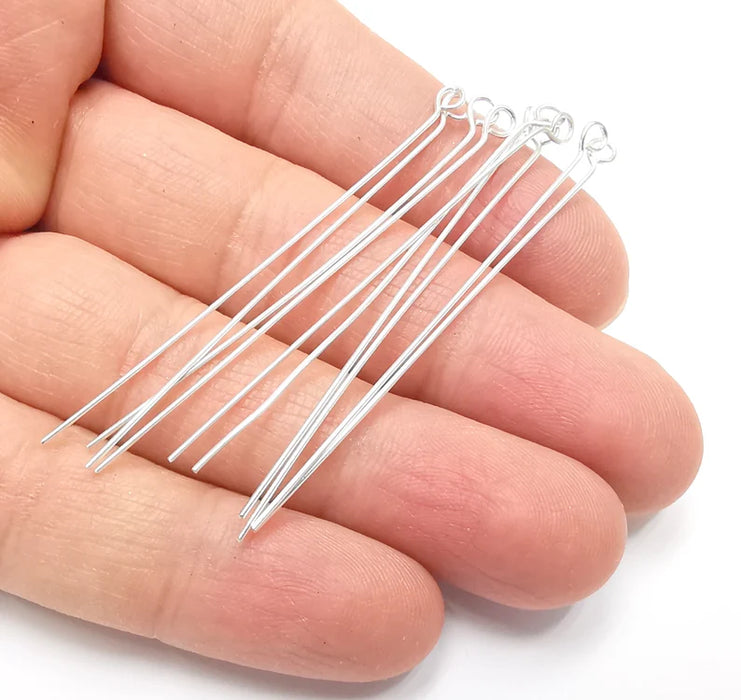 5 Sterling Silver Loop Head Pins, 2.5'', 21ga Long Pin (Length 2.5 inch- 62mm) (Thickness 0,7mm - 21 Gauge) 925 Silver Eye Pins G30040