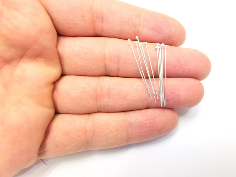 10 Pcs Sterling Silver Ball Head Pins 1.2'', 24ga (Length 1.2inch - 30mm) (Thickness 0.5mm - 24 Gauge) 925 Silver Ball Head pin G30104