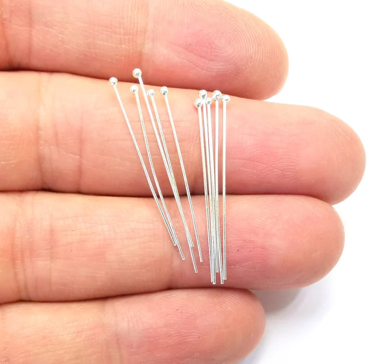 10 Pcs Sterling Silver Ball Head Pins 1.2'', 24ga (Length 1.2inch - 30mm) (Thickness 0.5mm - 24 Gauge) 925 Silver Ball Head pin G30104