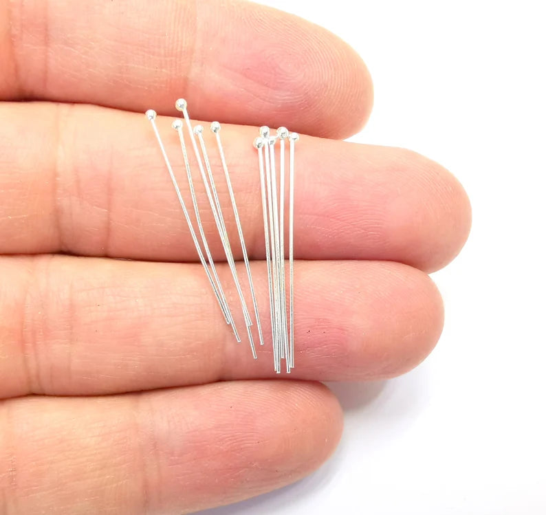 10 Pcs Sterling Silver Ball Head Pins 1.2'', 24ga (Length 1.2inch - 30mm) (Thickness 0.5mm - 24 Gauge) 925 Silver Ball Head pin G30104