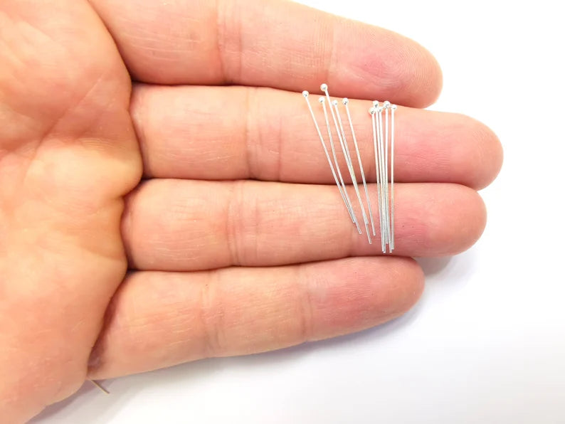 10 Pcs Sterling Silver Ball Head Pins 1.2'', 24ga (Length 1.2inch - 30mm) (Thickness 0.5mm - 24 Gauge) 925 Silver Ball Head pin G30104