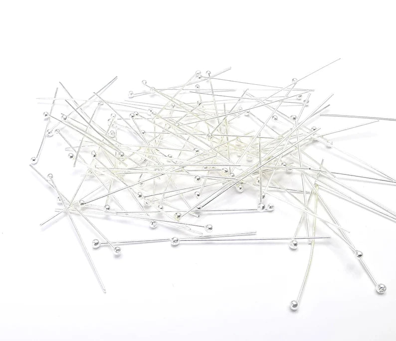 10 Pcs Sterling Silver Ball Head Pins 1.2'', 24ga (Length 1.2inch - 30mm) (Thickness 0.5mm - 24 Gauge) 925 Silver Ball Head pin G30104