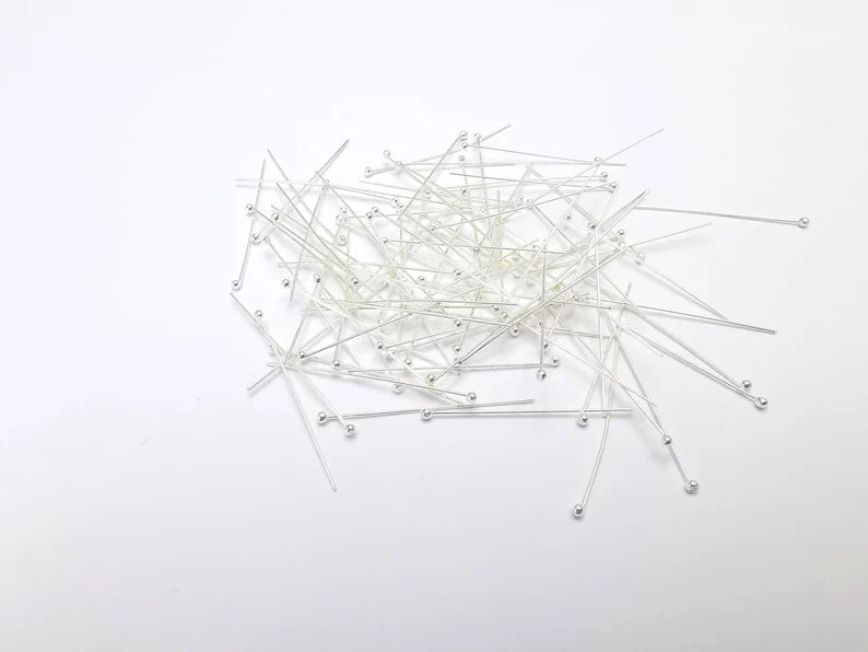 10 Pcs Sterling Silver Ball Head Pins 1.2'', 24ga (Length 1.2inch - 30mm) (Thickness 0.5mm - 24 Gauge) 925 Silver Ball Head pin G30104