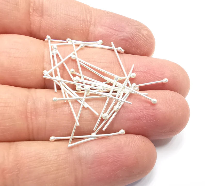 10 Sterling Silver Ball Head Pins, 0.8'', 24ga (Length 0.8 inch- 20mm) (2'', 24ga0,7mm - 21 Gauge) 10 Pcs 925 Silver Ball Head Pin G30037