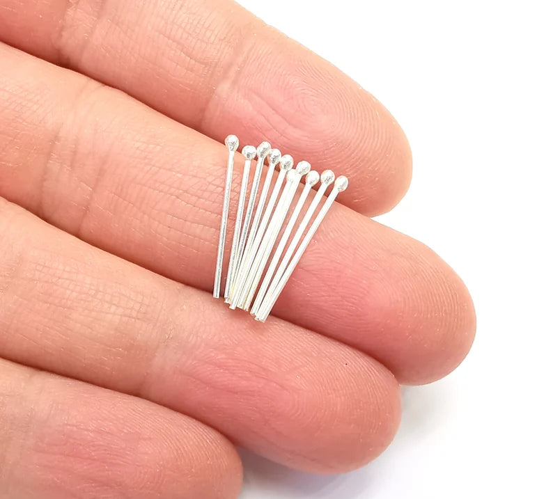 10 Sterling Silver Ball Head Pins, 0.8'', 24ga (Length 0.8 inch- 20mm) (2'', 24ga0,7mm - 21 Gauge) 10 Pcs 925 Silver Ball Head Pin G30037